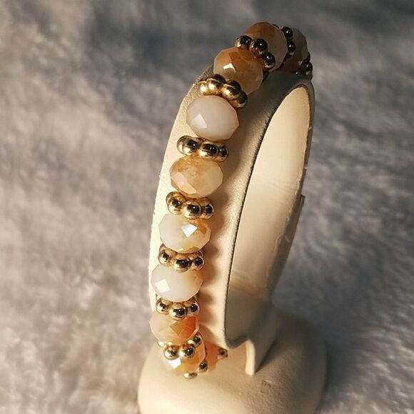 White, Orange, & Gold Tone Beaded Bracelet - Picture 1 of 5